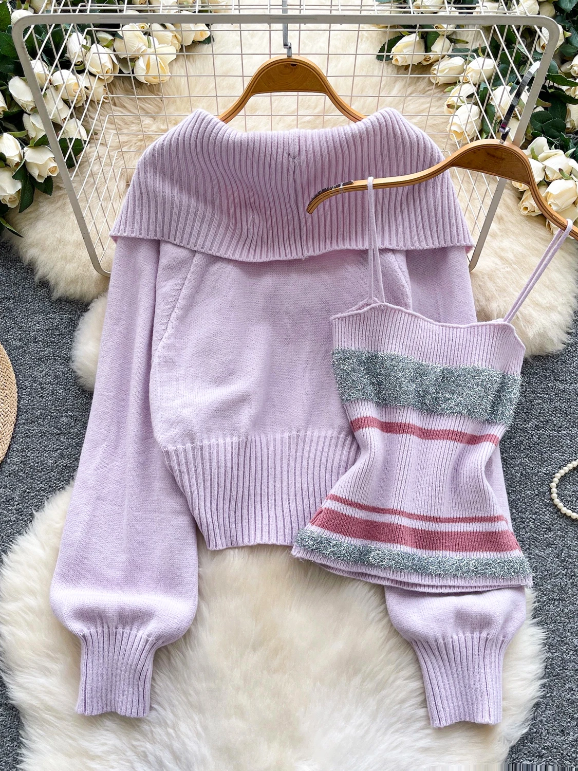 엘리 니트 오픈 가디건 스웨터 여성용 스트라이프 튜브탑 베스트 가을 패션 세트 하이웨이스트 슬림핏