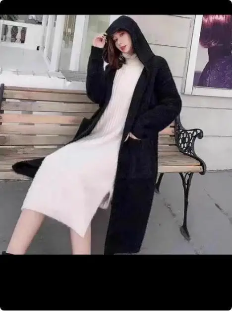 Autumn Winter New Hat Design Soft Long Women's Sweater Faux Mink Fur Outerwear Thermal Regular Sve Length Hooded Top