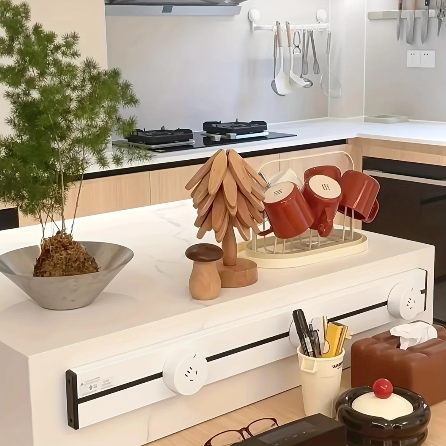 مجموعة قواعد أكواب بتصميم شجرة خشبية مع حامل - وسادة عازلة للحرارة ريفية لطاولة الطعام - حصيرة كوب متعددة الأغراض، حصيرة وعاء وطاولة