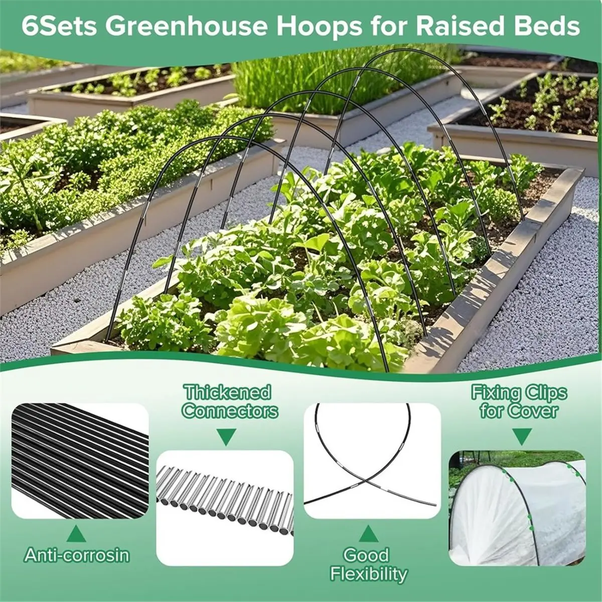 newA10R 30pcs Garden Hoops for Netting, 2.4m Greenhouse Hoops for Raised Beds with Reinforcement Clips,for Outdoor Vegetable