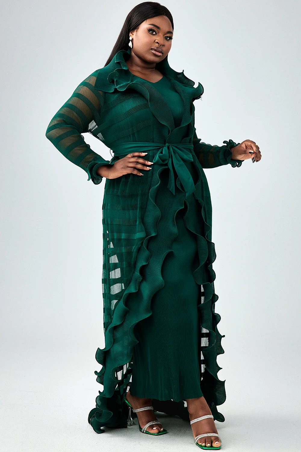 Ensemble de robe semi-formelle à volants transparents pour femmes, ensemble de robe maxi, vert, grande taille, automne, 2 pièces