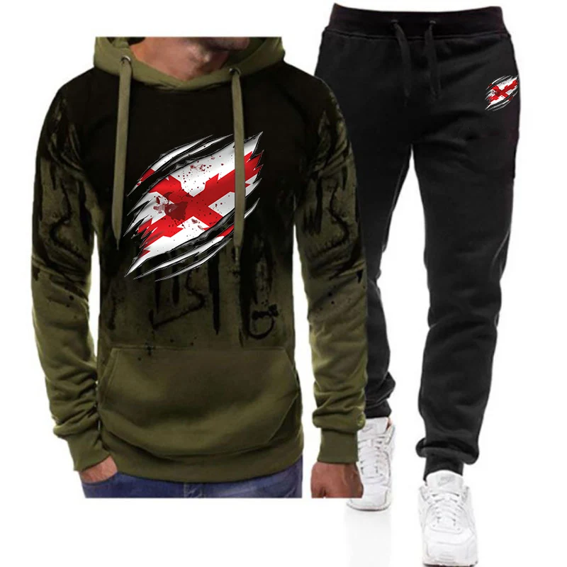Spring And Autumn Men's 2025 Burgundy Cross Spanish one-third Logo Print High Quality Brand Drawstring Hoodies Pants Suits