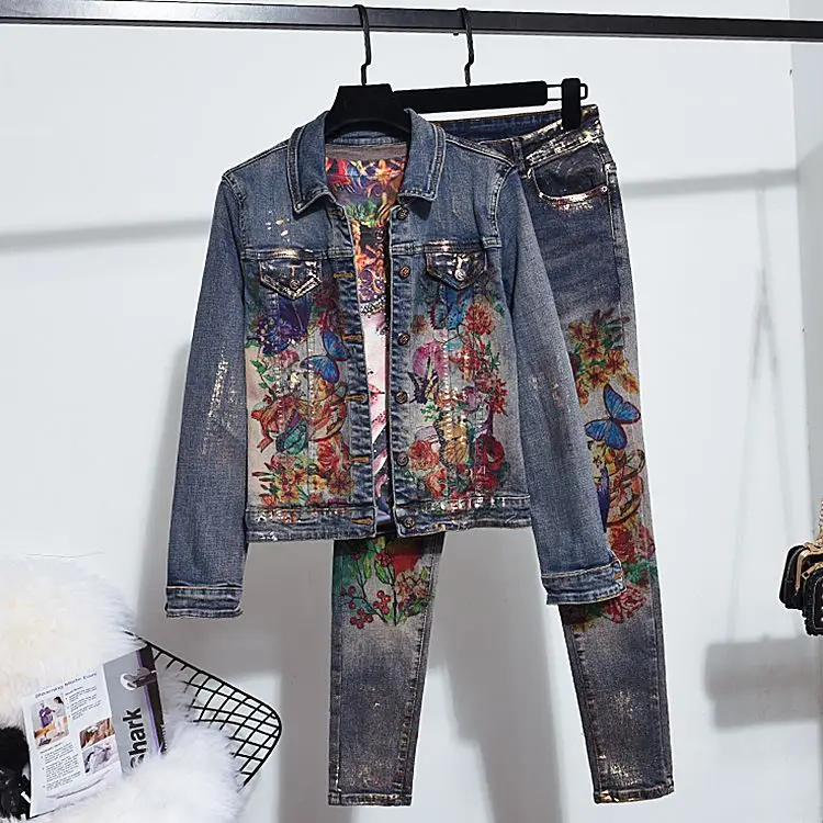 Oversized Denim Jacket Flowers Print Women Set Fashion Designer Women\'s Floral Pants Set Casual Denim Pants Outfits Set