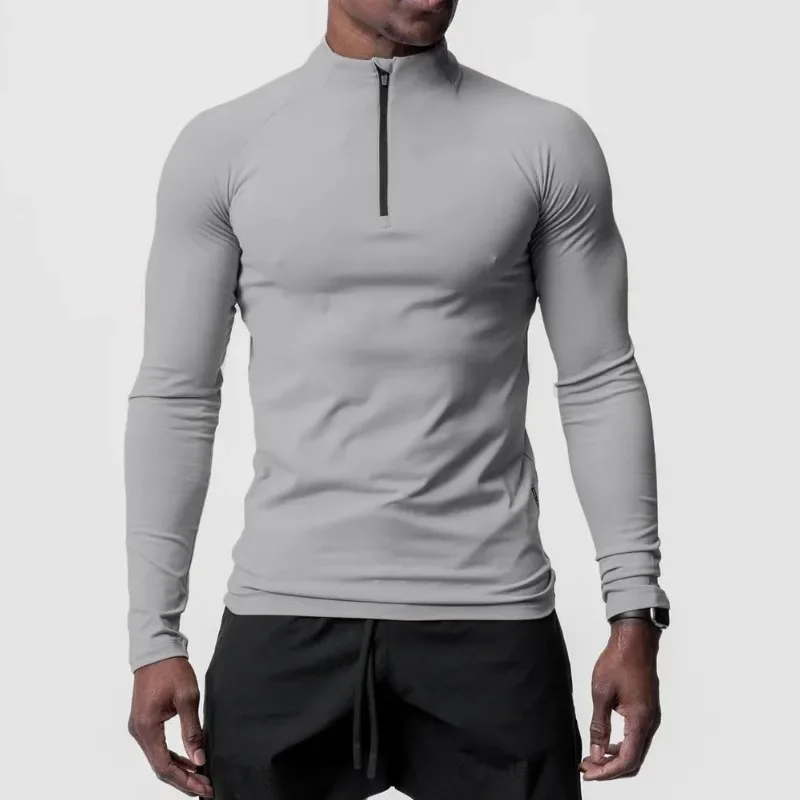 Small Turtleneck Semi Zipper Training Long-sleeved T-shirt Running Top New Solid Color Sports Fitness Suit Men's German Velvet