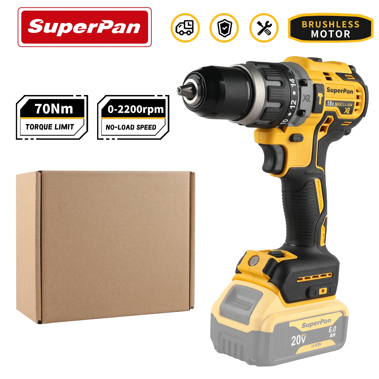 

Superpan 79618V brushless motor power tool has ergonomic grip with , quick chuck change, 15 positions adjustable tor