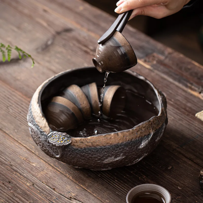 Japanese Gilding Iron Glaze Tea Wash Stoneware Cup Wash Writing-Brush Washer Basin Residue Barrel Ceremony Utensils