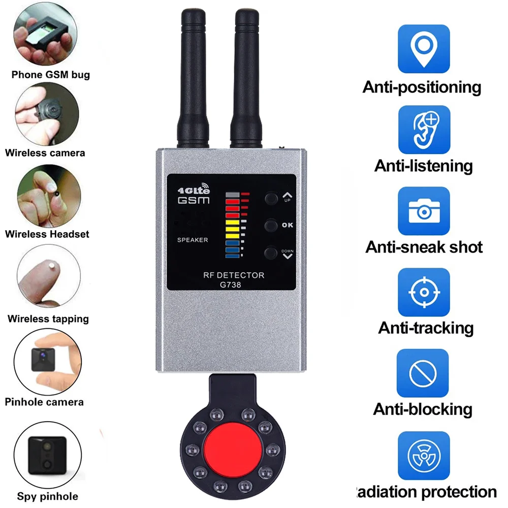 

G738W Anti Spy Wireless RF Signal Detector Bug GSM GPS Tracker Hidden Camera Eavesdropping Device Military Professional Version