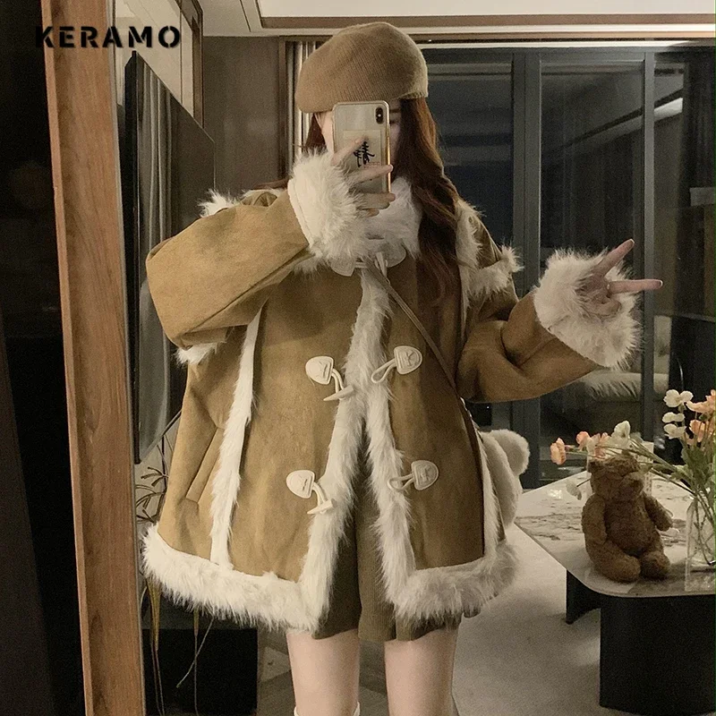 Women Casual Long Sleeve Sweet Single Breasted Parkas 2024 Winter Tassels Oversized Jacket Lovely Warm Patchwork Thick Coat