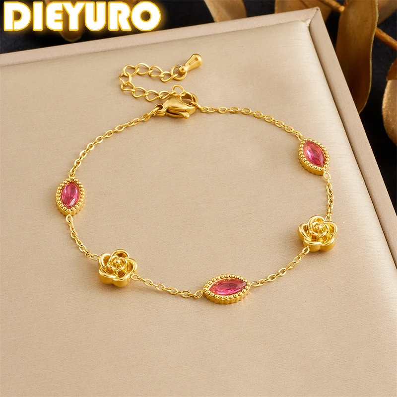 DIEYURO 316L Stainless Steel Elliptical Pink Crystal Flower Butterfly Bracelet Lady New Classic Wrist Chain Jewelry Glamorous