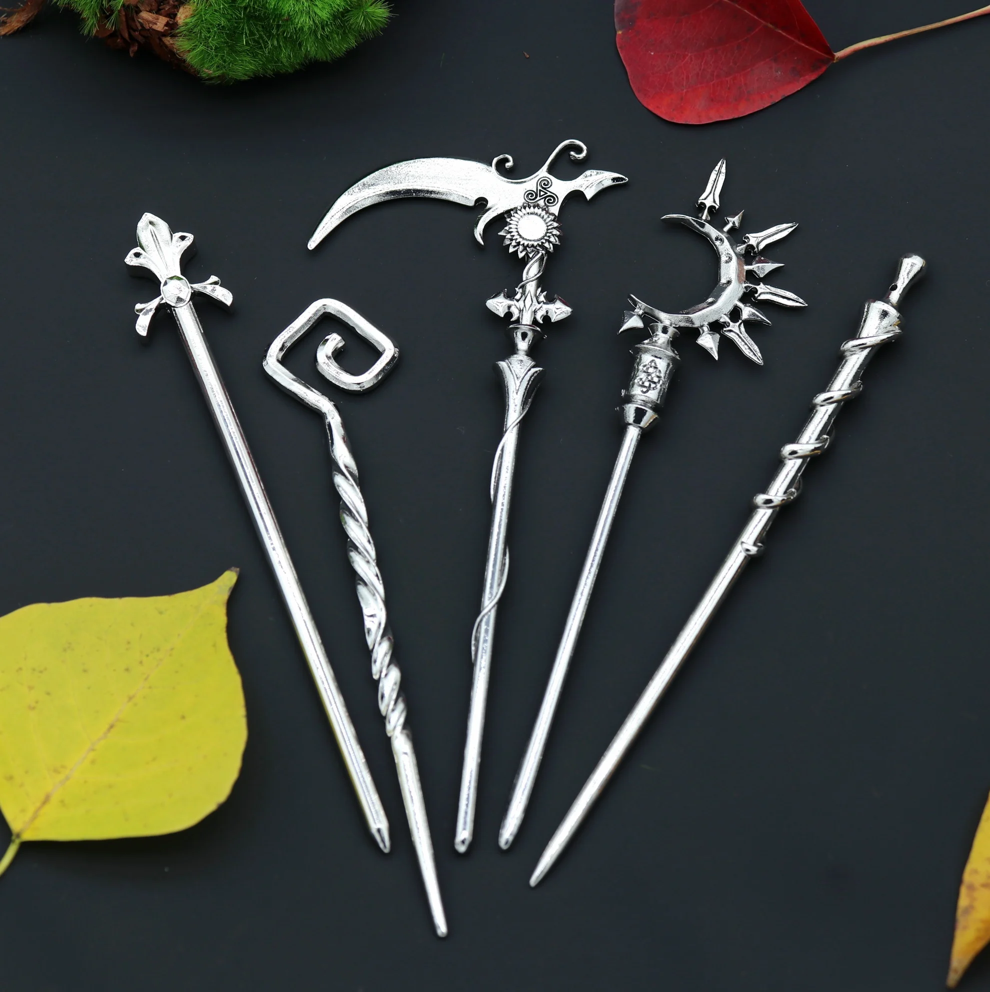 Silver color axe moon hair clips sword Moon hairpin sticks for accessories Celtic wand gifts