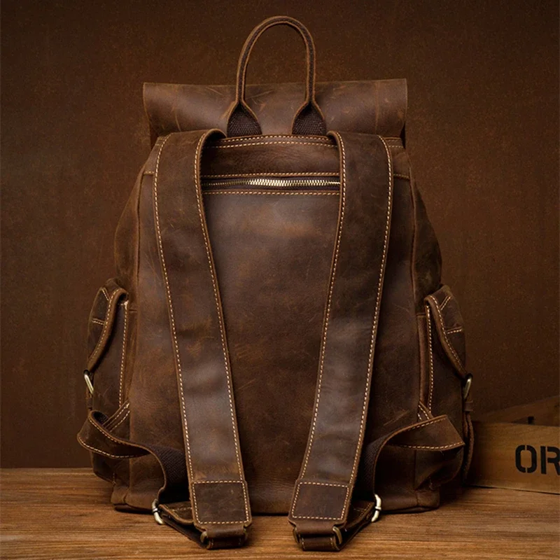 2019 Handmade Crazy Horse Leather Backpack Men's Vintage Original Cowhide Leather Backpack High Quality Business Computer Bag