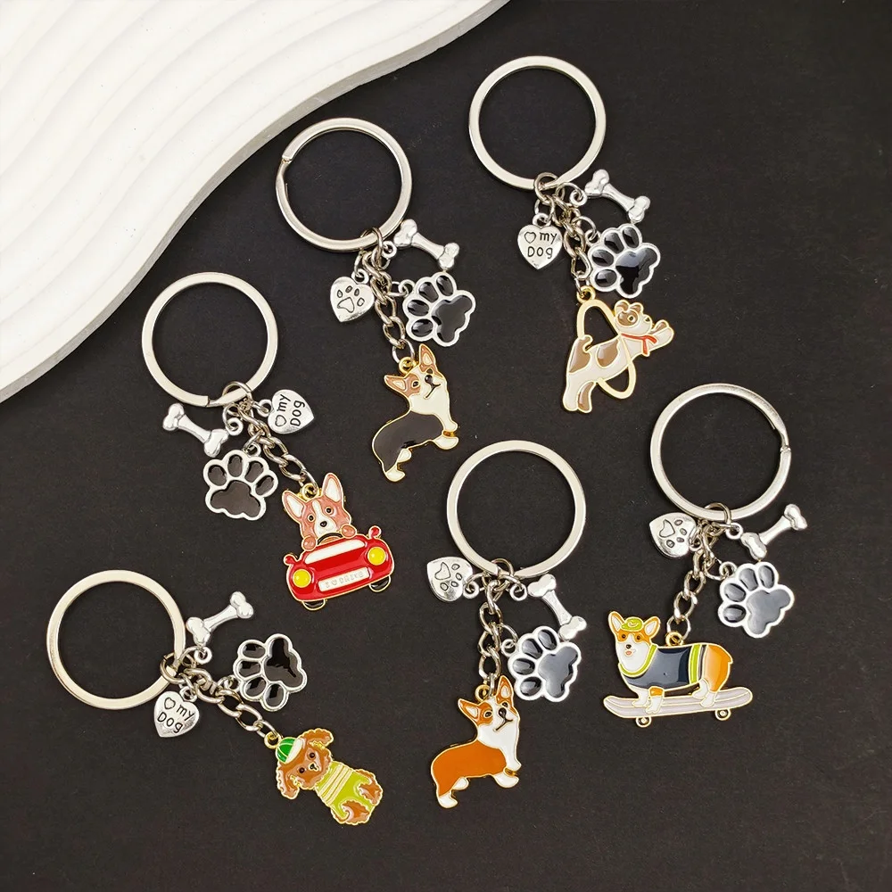 Creative Skateboard Dog Keychain Cartoon Corgi Teddy Puppy Keyring With Bone Pendant Backpack Car Decoration Pet Souvenir Gift