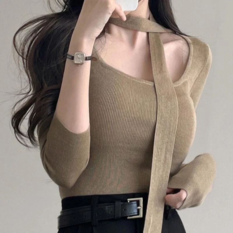 

5STUDIO LD562 Women's Sexy Long Sve Knitted Sweater U-Ne Sa Slim Fit Commute Sle Regular Length Autumn Season