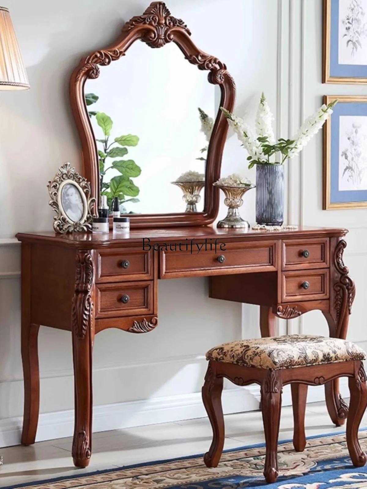 Dresser Solid Wood European Storage Table Bedroom Cosmetic Mirror with Drawer Table Assembly