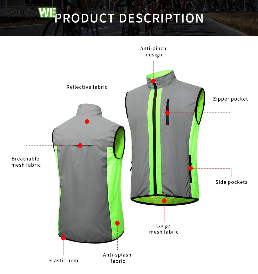 WOSAWE High Visibility Reflective Vest Men\'s Windbreaker Cycling Sleeveless Jacket Bicycle Clothes Maillot MTB Road Bike Tops