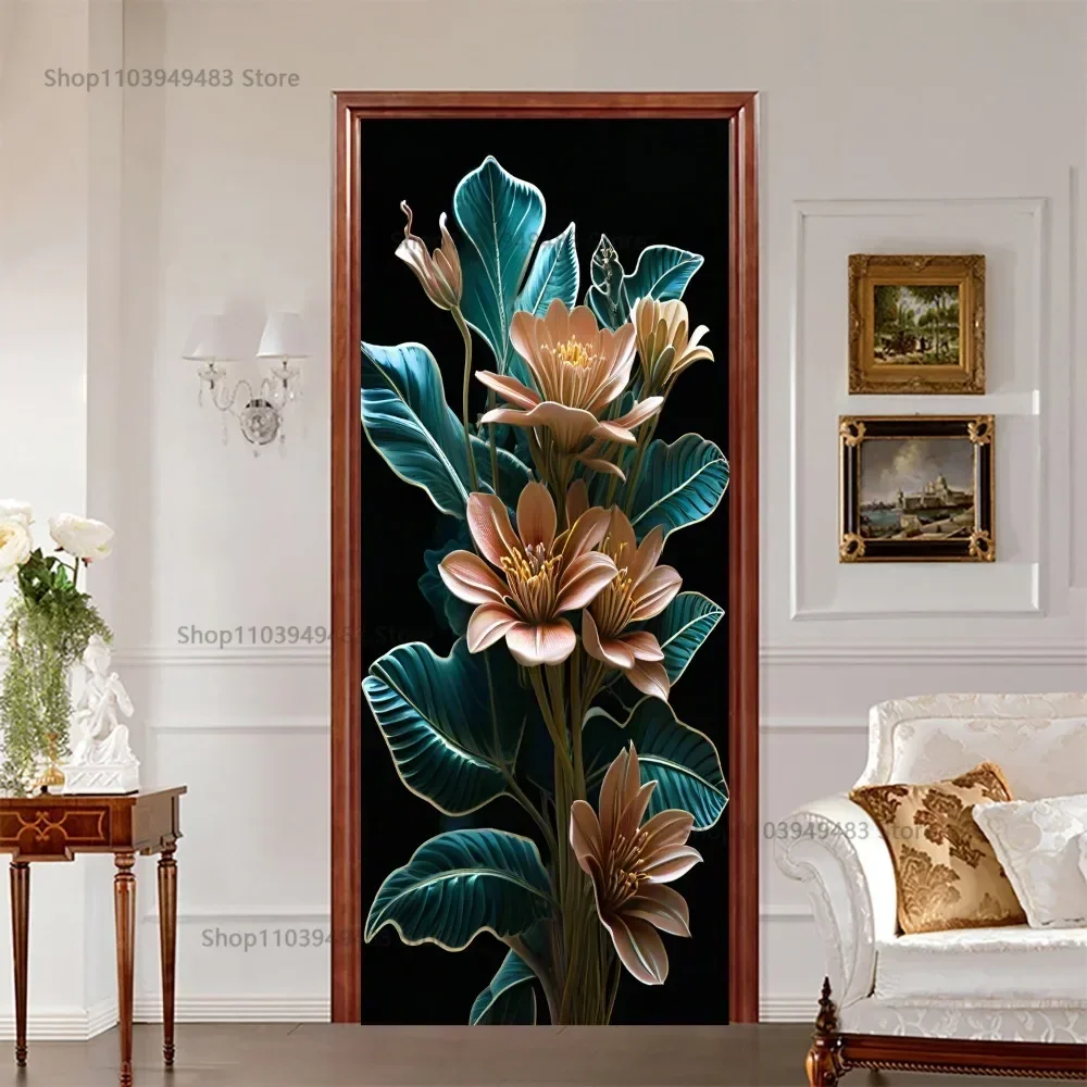 Vintage Flower Plant Art Mural Self-adhesive Door Wrap Wallpaper Stickers for Decorative Room Cabinet Closet Ornamental Decals