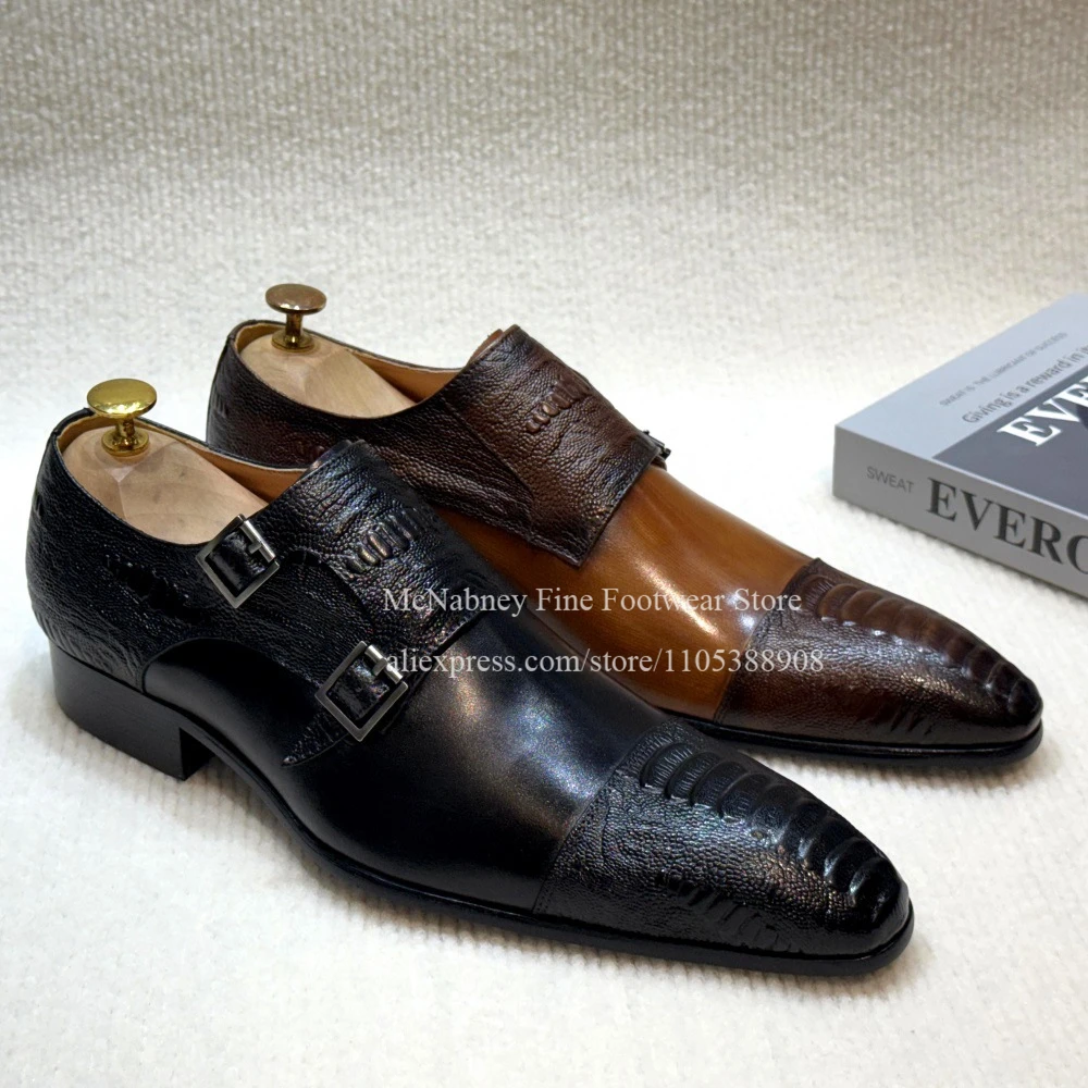 Patchwork Ostrich Double Buckle Monk Strap Men Dress Shoes Pointed Toe Classic Formal Shoes Business Wedding Shoes for Men