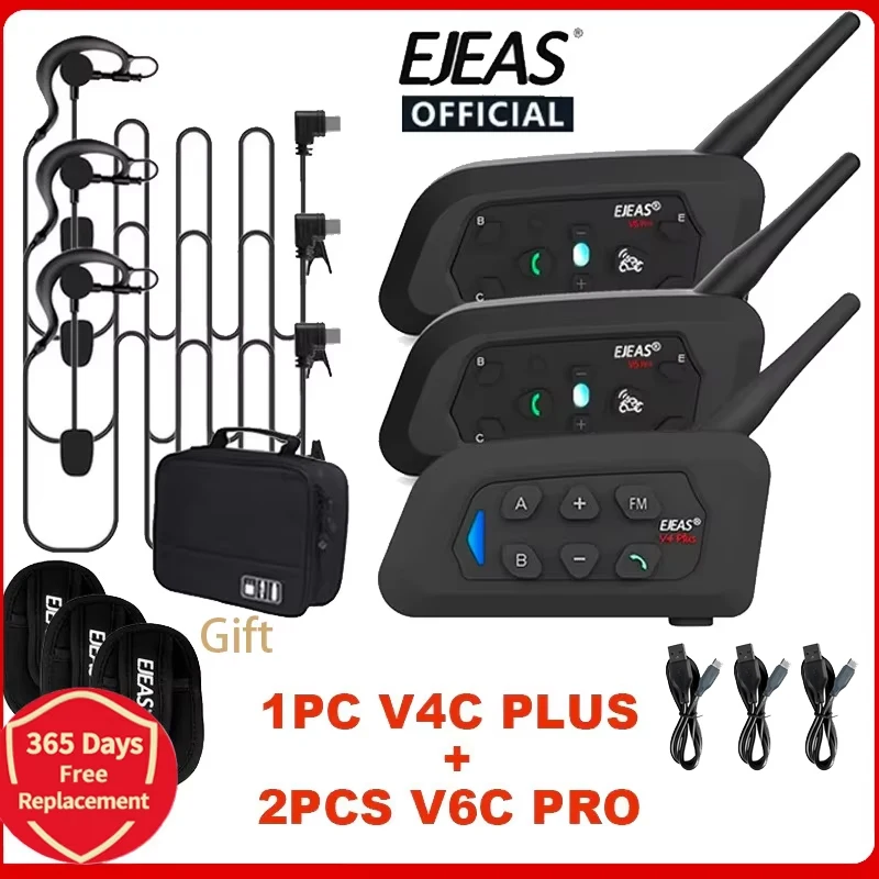 

EJEAS V4C PLUS + 2 шт. V6C PRO 1200M Полнодуплексная Bluetooth-гарнитура Футбольная конференция Домофон 3-пользовательская гарнитура для рефери Интерком