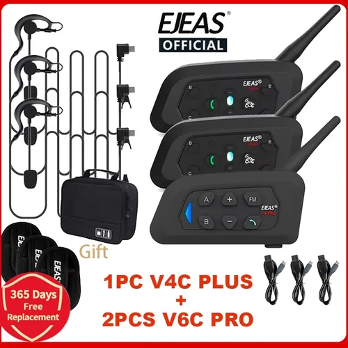 EJEAS V4C PLUS + 2 uds V6C PRO 1200M auriculares Bluetooth Full Duplex intercomunicador para conferencias de fútbol 3 auriculares intercomunicadores para árbitro de usuario