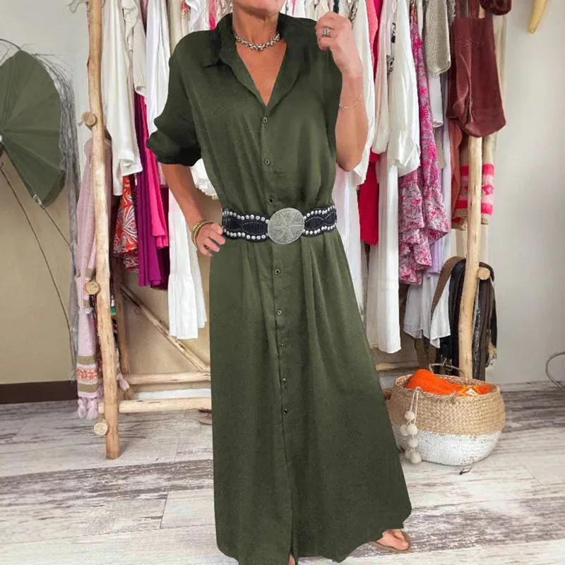 ฤดูใบไม้ร่วงแขนยาวเสื้อกระดุมแถวเดียวชุดผู้หญิง Elegant Turn-Down COLLAR ชุดยาวฤดูใบไม้ผลิ Casual Bohemian Maxi ชุด