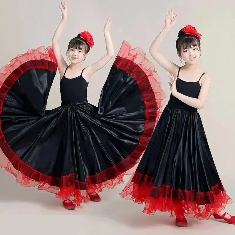 Dziewczęca spódnica cygańska w stylu hiszpańskim flamenco, satynowa, gładka, z dużym zamachem, na karnawał, imprezę, bal, taniec brzucha, festiwal, kostium sceniczny.