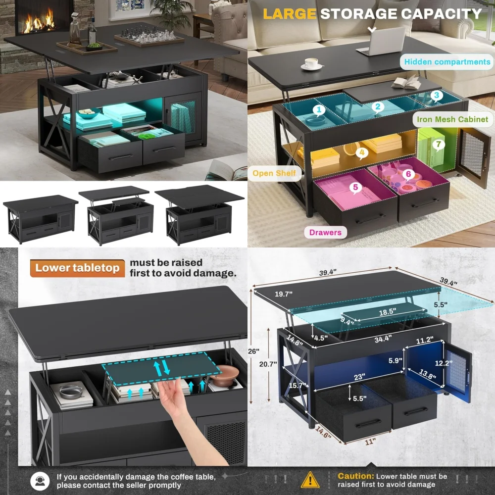 طاولة قهوة Cafe TablesLift مقاس 40 بوصة مع أدراج مخفية وإضاءة LED لغرفة المعيشة الحديثة باللون الأسود