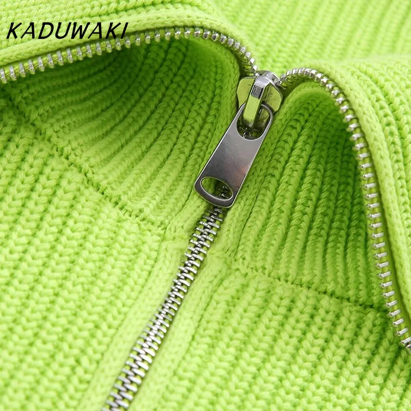 KADUWAKI Casual Bright Green Knitted Sweater Turn-Down Collar Knitwear Tops Elegant Lady Autumn Simple Zipper Front Open Sweater