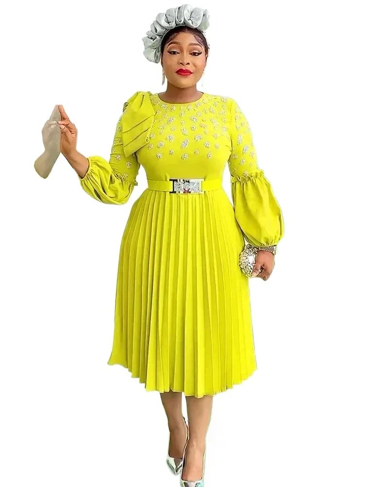 Elegant Women Party Evening Dresses Long Sleeve Pleated Maxi Robe African Dashiki Outfits Office Ladies Overalls Africa Clothing