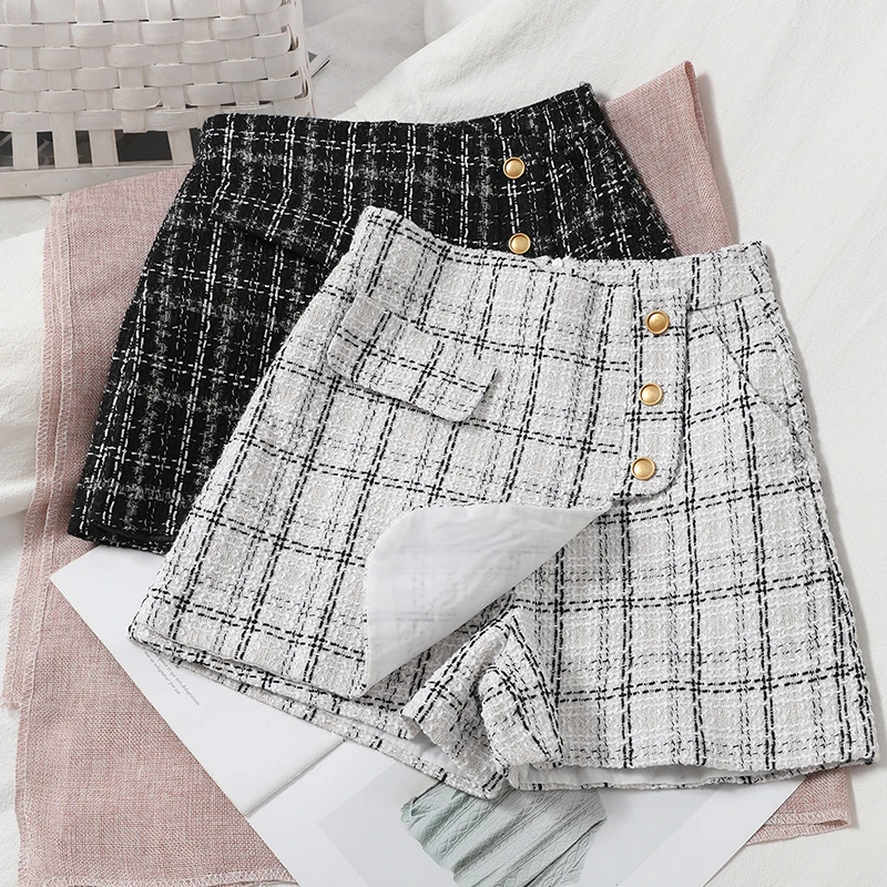 ITOOLIN Women Irregular Tweed Shorts Spring Plaid Buttons Shorts A-line Wide Leg Skirts For Women High Waist Skirts 2023