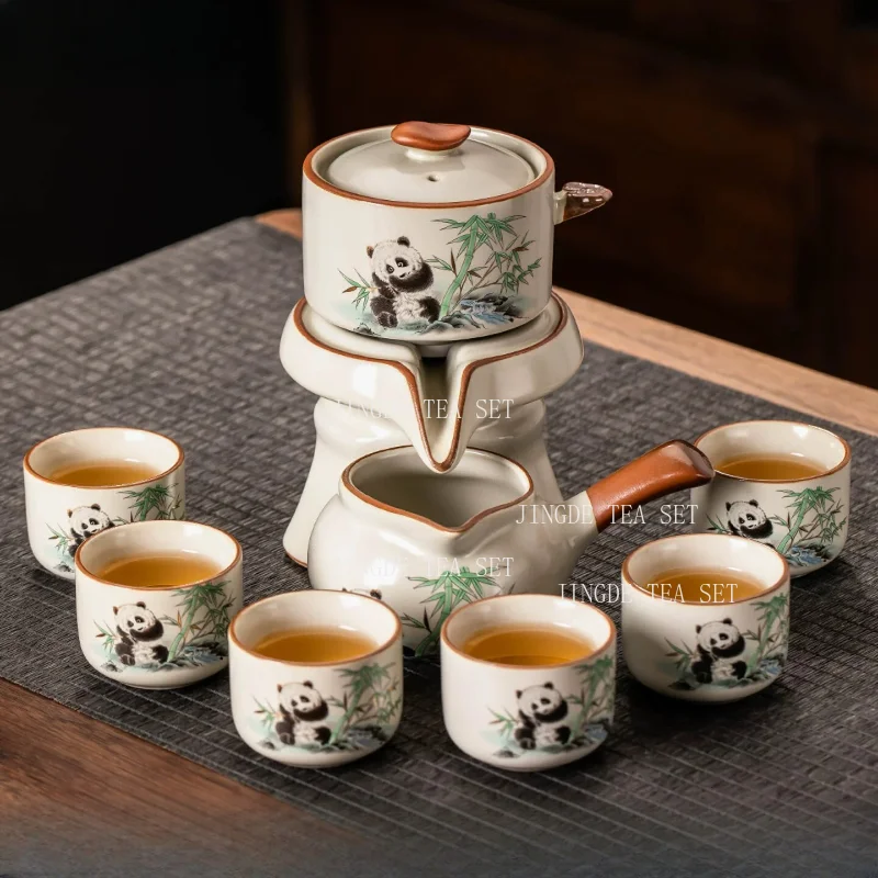 Semi Automatic Tea Set with Panda and Bamboo Design Lazy Kung Fu Tea Brewer with 6 Cups Teaware Sets for Home Office and Gift