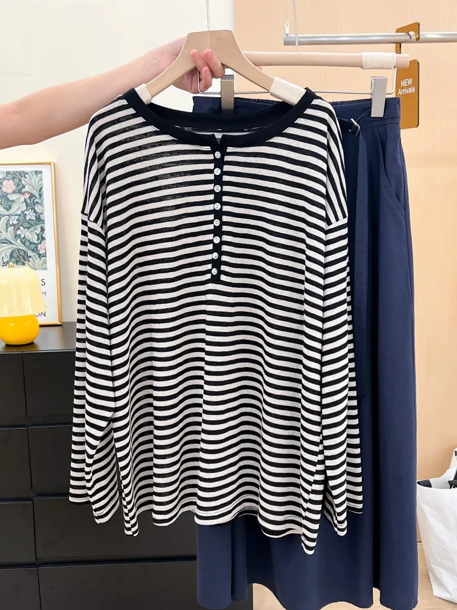 

Buttons Stripes Long Sleeve T-shirts Women Autumn Soft O-Neck Vintage Top Female Vintage Y2k Casual Tees 2025