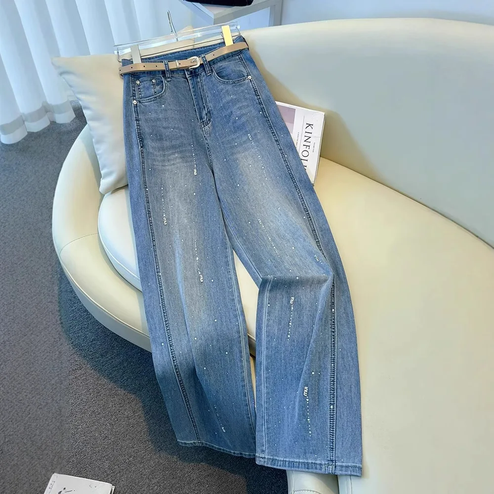 

Women Wide Leg Pants Jeans Vintage Straight Denims Diamonds High Waist Belt Washed Distressed Streetwear Floor Length Trousers