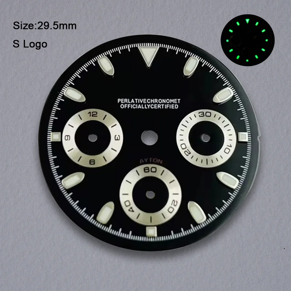 S ロゴ 29.5 ミリメートル DTN パンダダイヤル VK63 クォーツムーブメントに適したグリーン発光高品質時計修正アクセサリーツール