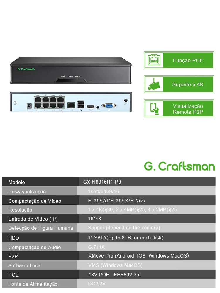 نظام الأمان B-A، 4K: مسجل 8CH POE NVR، يدعم 16CH & H.265X، تسجيل 24/7، التوصيل والتشغيل لكاميرات IP