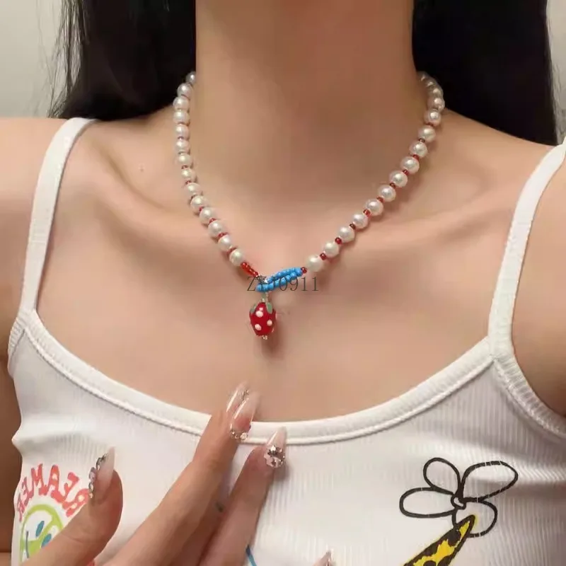 قلادة من لؤلؤ الفراولة الحمراء، إكسسوارات قلادة سلسلة الترقوة الفاخرة