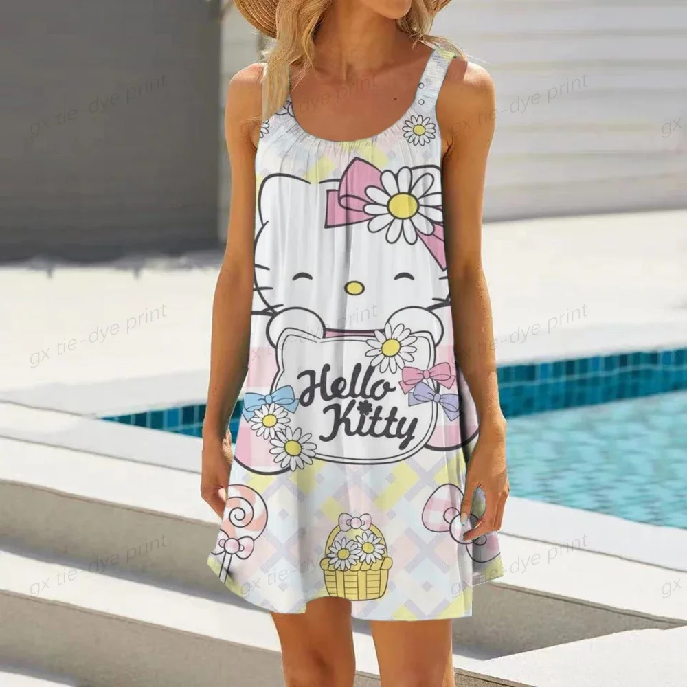 2023 Womens sleeveless Swimsuit Tops Trim Swimwear Beach Wear Swim Wear Hello Kitty Print Dress Tops Summer Swimming T Shirt