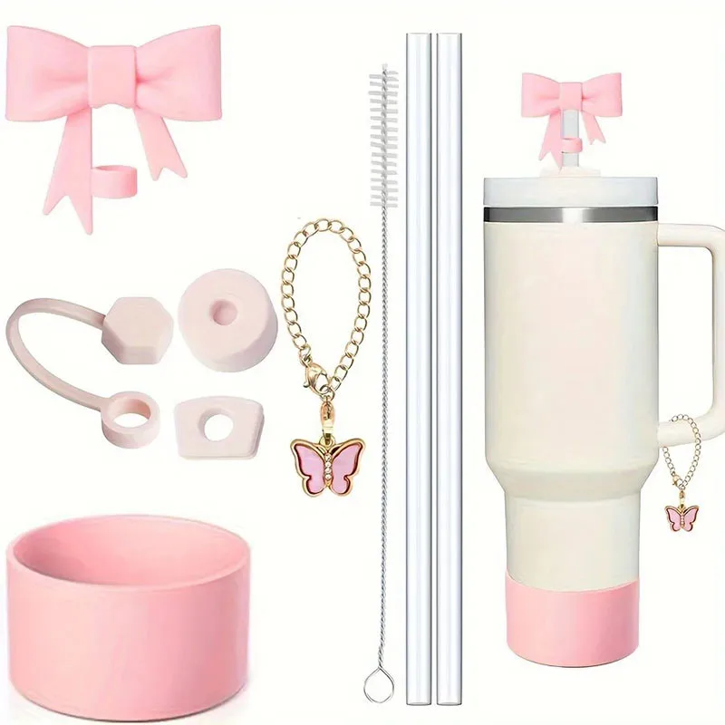 9pcs Accessories For Stanley Tumbler Cup Spill Proof Stopper 10mm Straw Cover Cap Silicone Boot Charm Chain Straw Brush - view 3