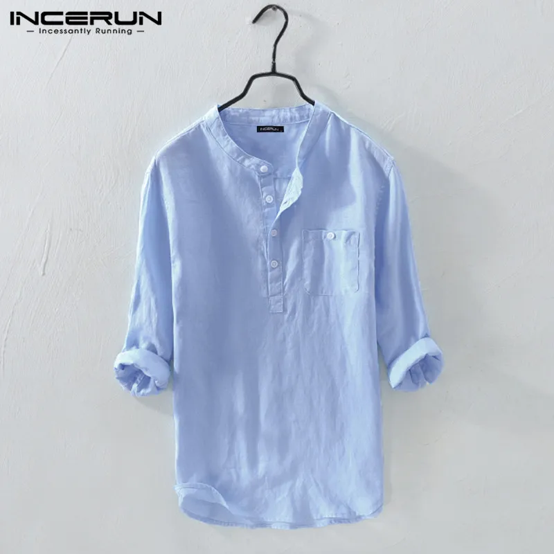 INCERUN Men\'s Shirt Solid Color 3/4 Sleeve Cotton Stand Collar Vintage Male Shirts Harajuku 2024 Streetwear Men Clothing S-5XL