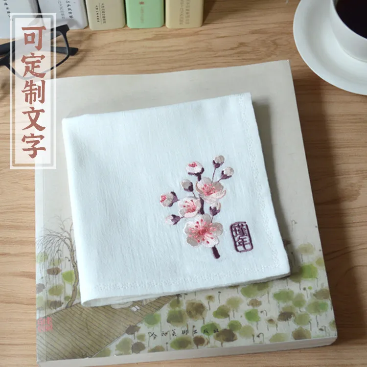 Traditional Chinese Style Peach Blossom Embroidered Handkerchief Customizable Soft Cashmere Hanfu Accessory Multicolor Optional