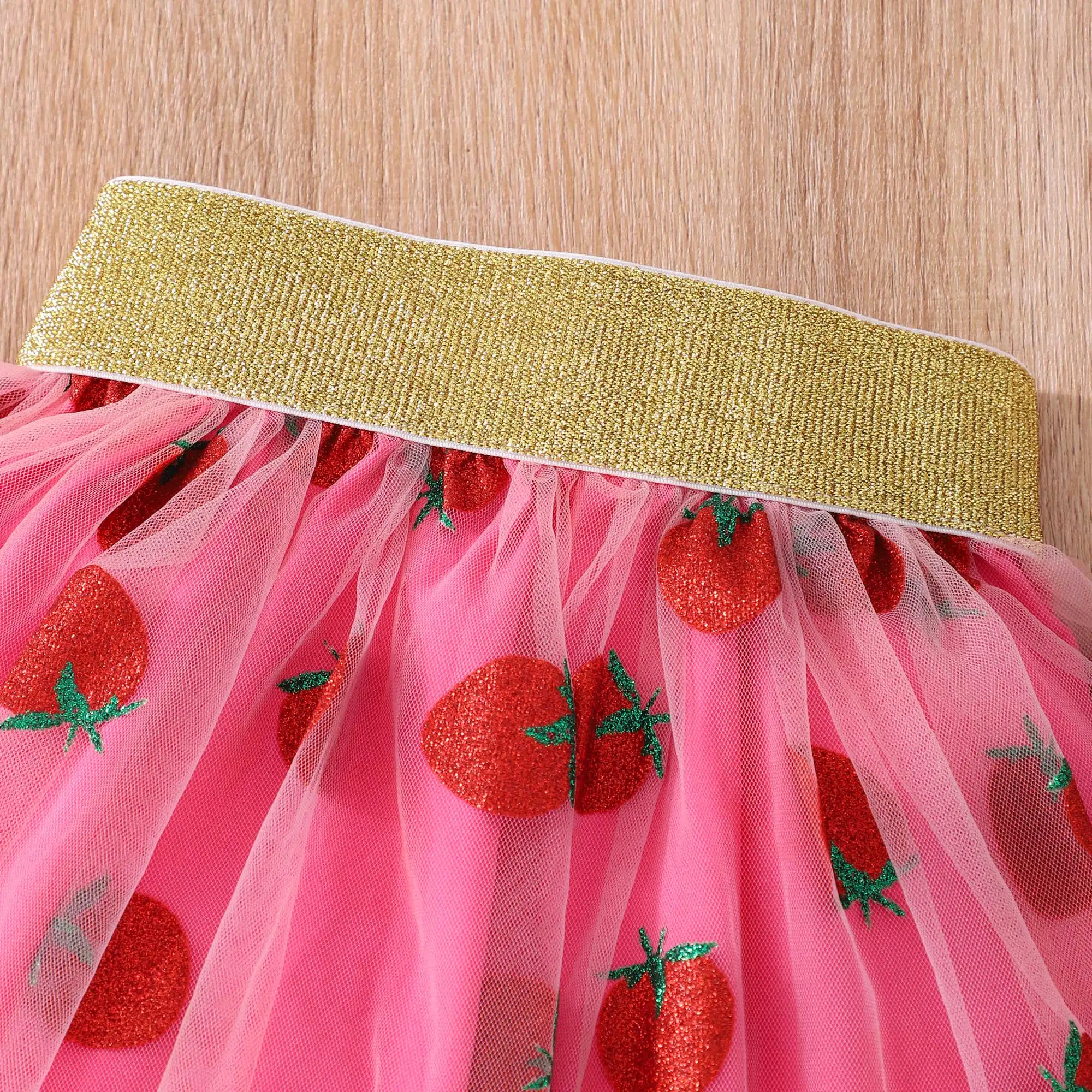 2pcs Toddler Girls Strawberry Graphic T-Shirts Top & Glitter Tape Mesh Skirt Set Kids Summer Clothes