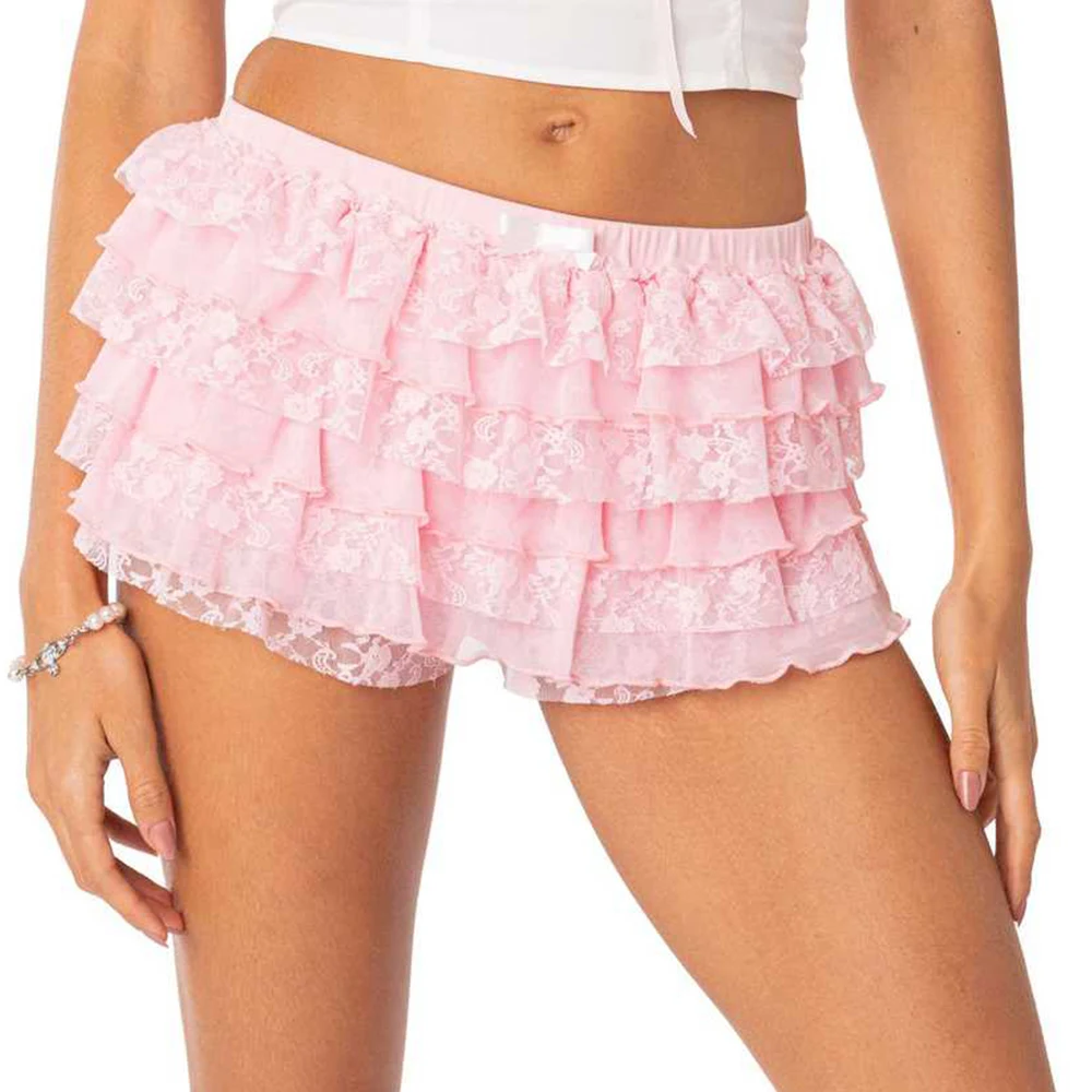 

Summer Girls Cake Stacking Skirt Hot Pants Layered Ruffle Skirt Shorts Women Sexy Lace Trendy Slim Casual Elastic Waist Shorts