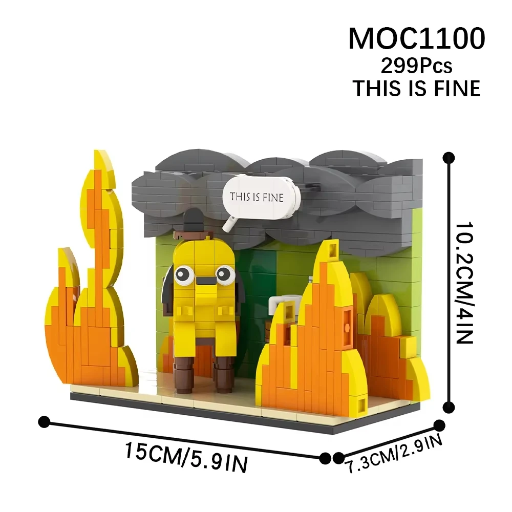 MOC This is Fine Dog Building Block Anime Cartoon Fire Meme Vignette Hound Dog Pets Animal Brick Model Toy with Paper Manual