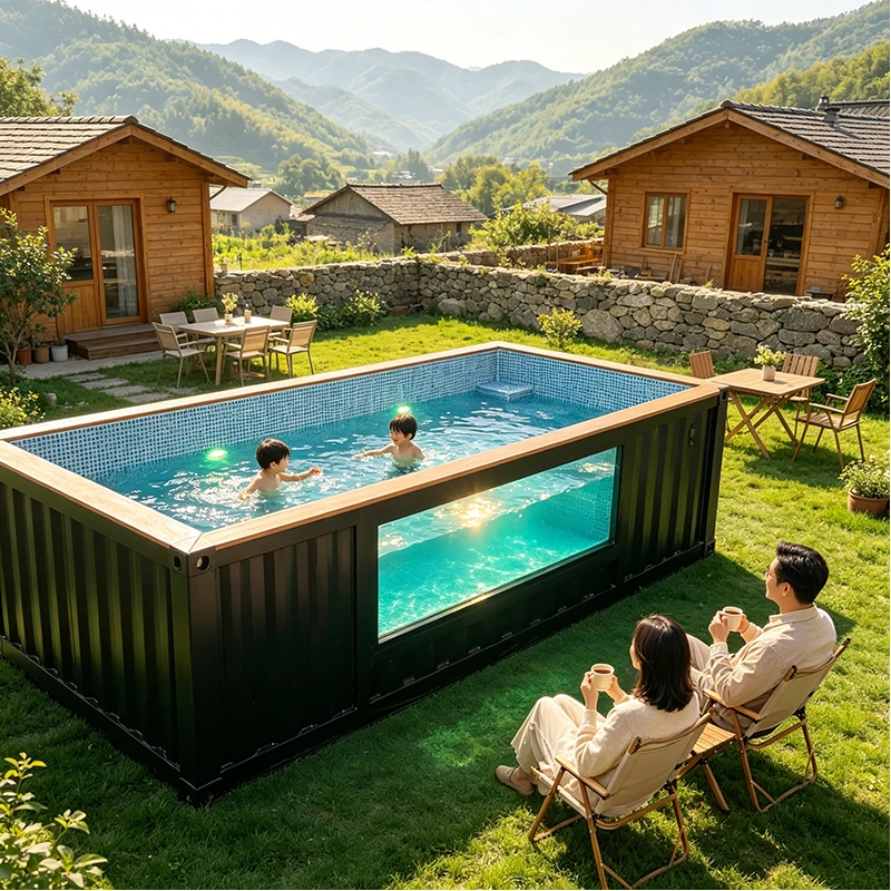 Above Ground Container Pool 30FT Modern Outdoor Swimming Pool with Acrylic Viewing Panel for Villa Resort
