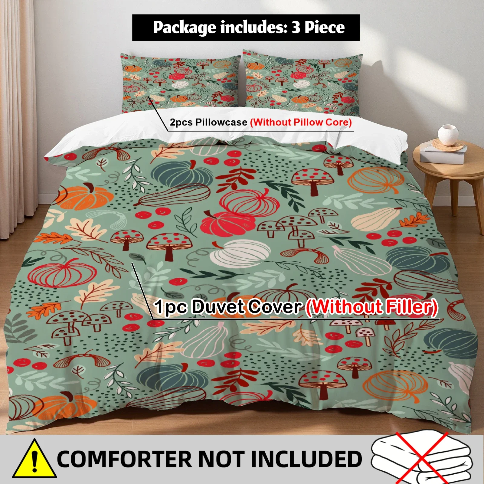 3Pc Bedding Set Cartoon Mushroom Pumpkin Maple Leaf Print Soft Microfiber 1Duvet Cover+2Pillowcases Home Decoration No Comforter