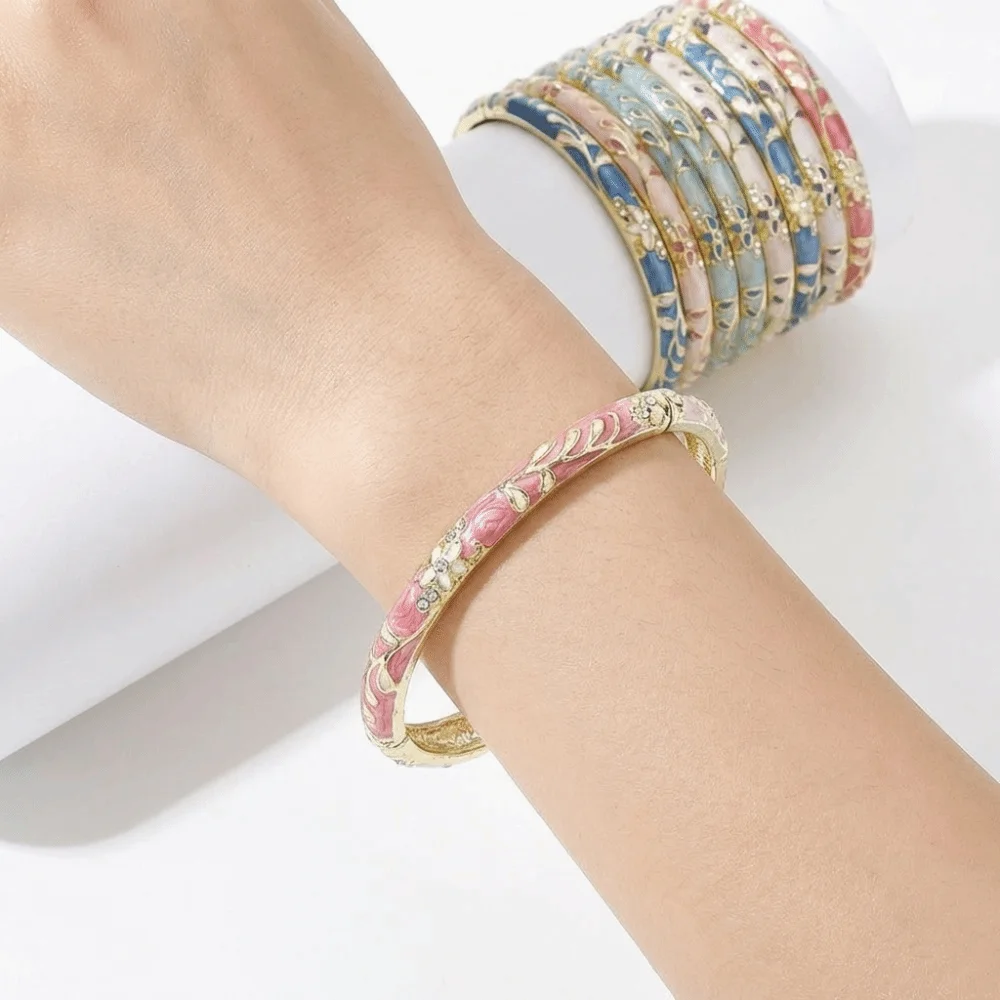 Fashion Colorful Vintage Cloisonne Bangle Enamel Chinese Flower Bangle Ethnic Classic Women's Hand Bracelet Ladies