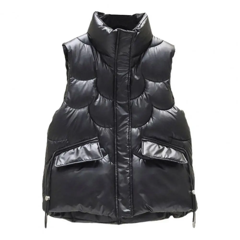 Women Down Cotton Vest Autumn Winter Sleeveless Stand Collar Dual Pockets Zipper Casual Loose Elegant Shiny Solid Color Warm Lad