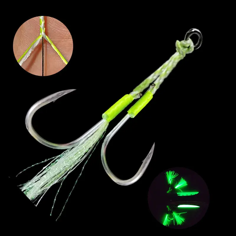 

AS 20Pairs Fishing Hook Soft Stainless Wire Glow Slow/Fast Jigging Hooks Double Barbed Assist Hooks Lure Glow Jig Lure Hooks