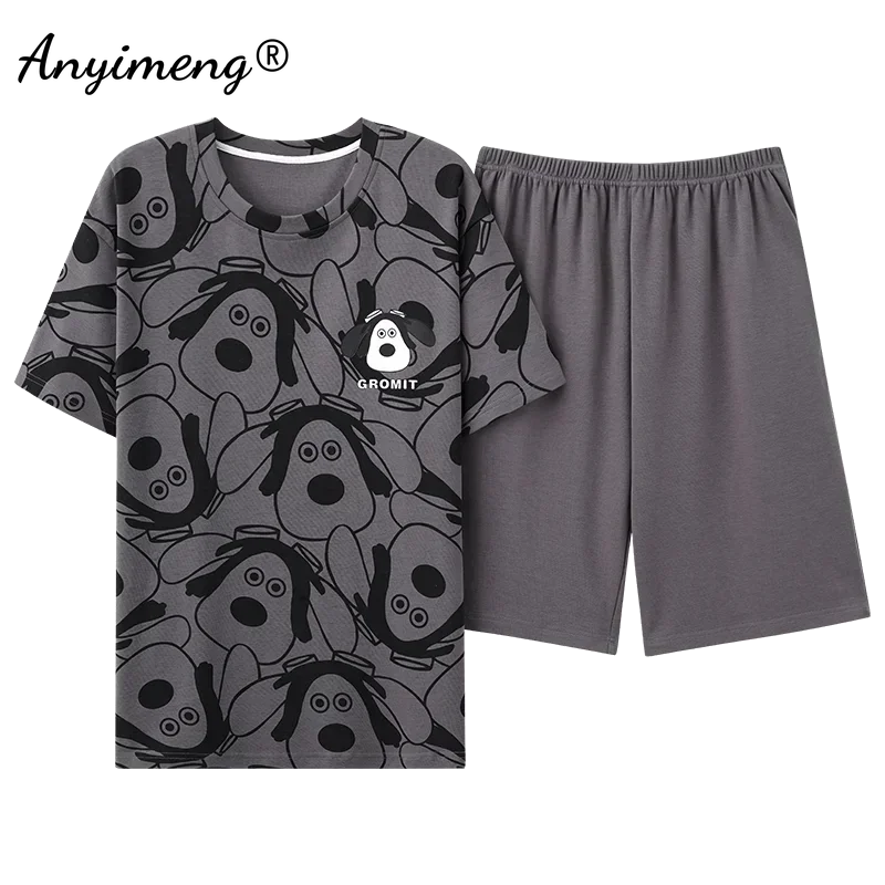 Conjunto de Pijamas de punto para hombre, ropa de dormir de algodón con estampado de oso Kawaii, L-3XL de ocio, pantalones cortos de manga corta,