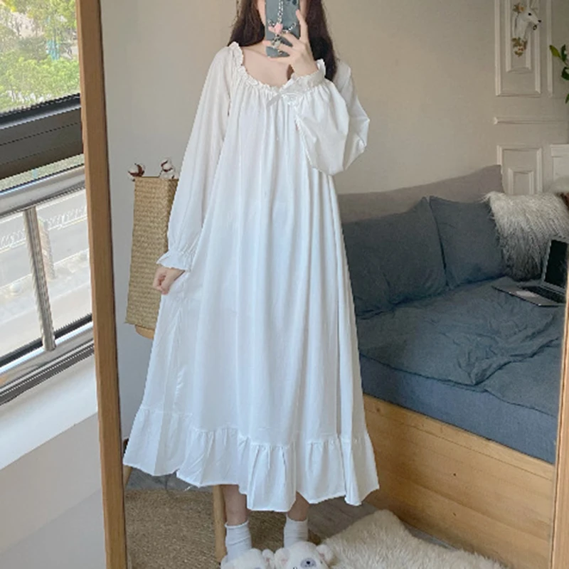 Cotton Nightgowns for Women New Long Sleeve Night Dress Large Size Loose White Nightdress Ladie\'s Casual Nightwear Nightshirt