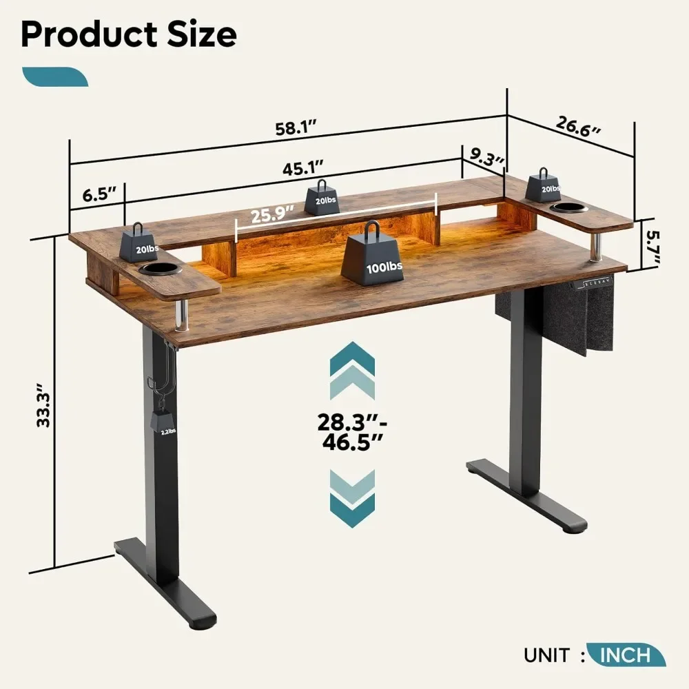 LED Electric Standing Desk Adjustable Height, 58x26 Inch Large Sit Stand Desk with Monitor Stand, Ergonomic Rising Desk